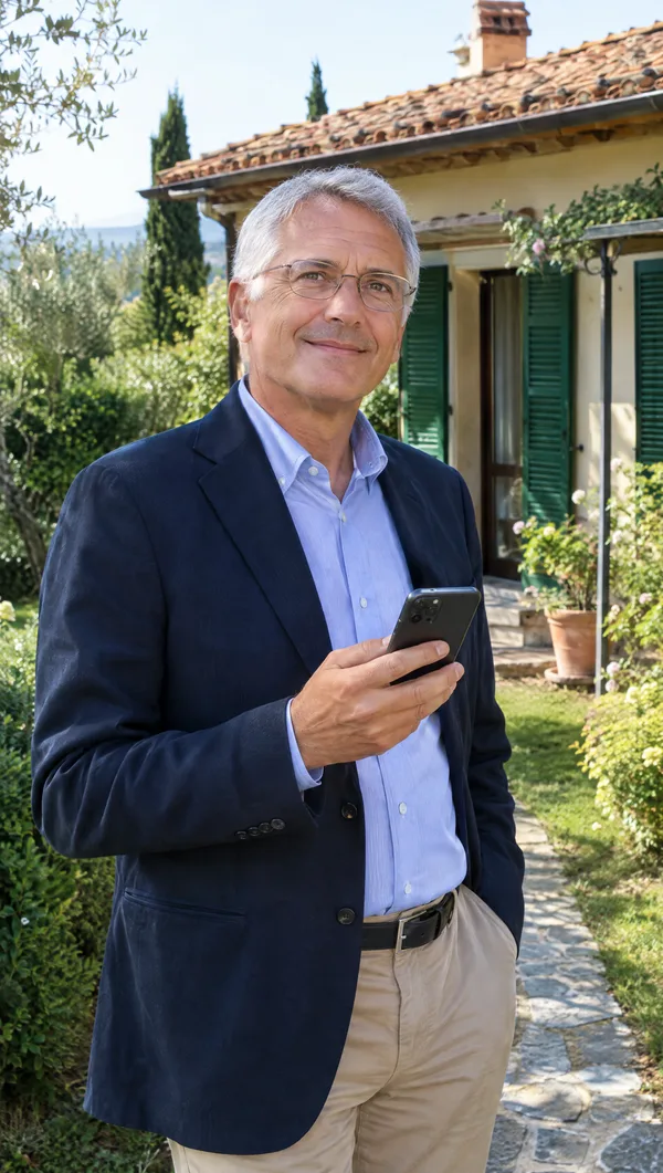 Agente immobiliare col telefono davanti a una villetta