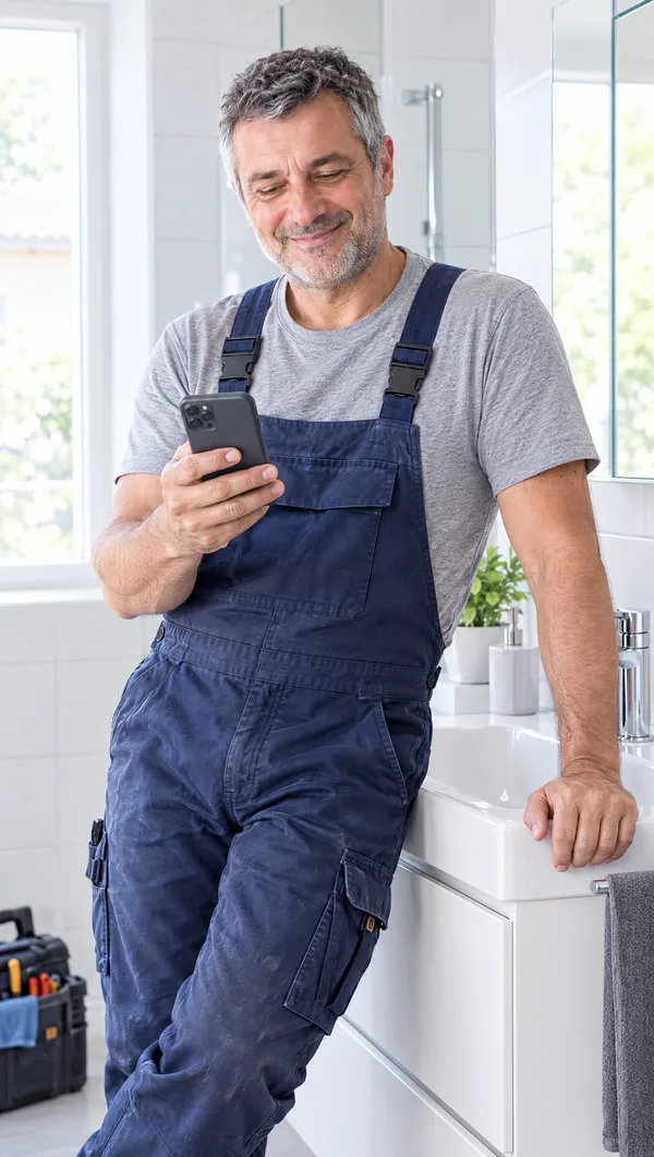 Idraulico che sorride guardando il telefono nel bagno appena finito