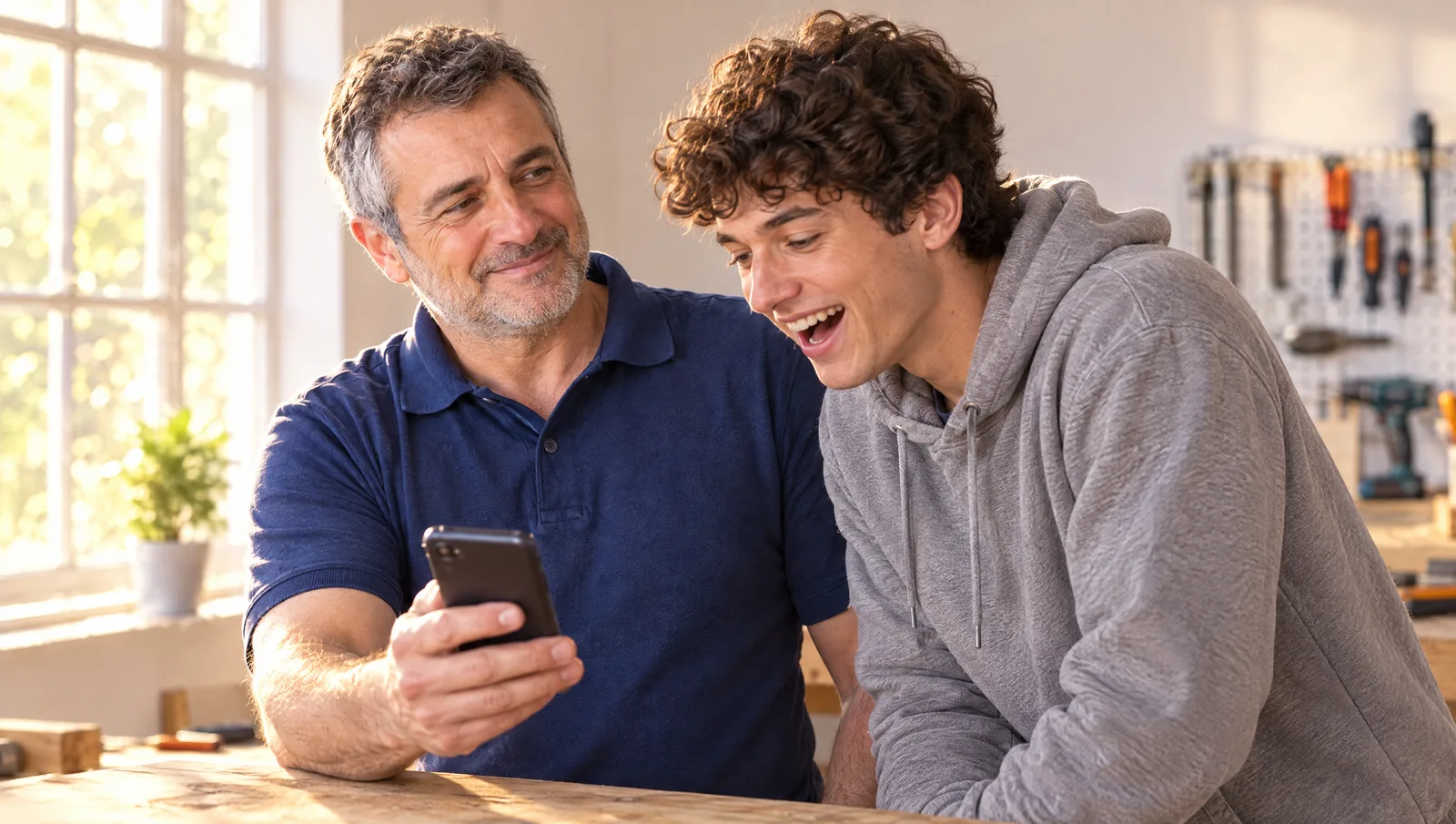 Il titolare mostra il telefono al figlio che ride sorpreso