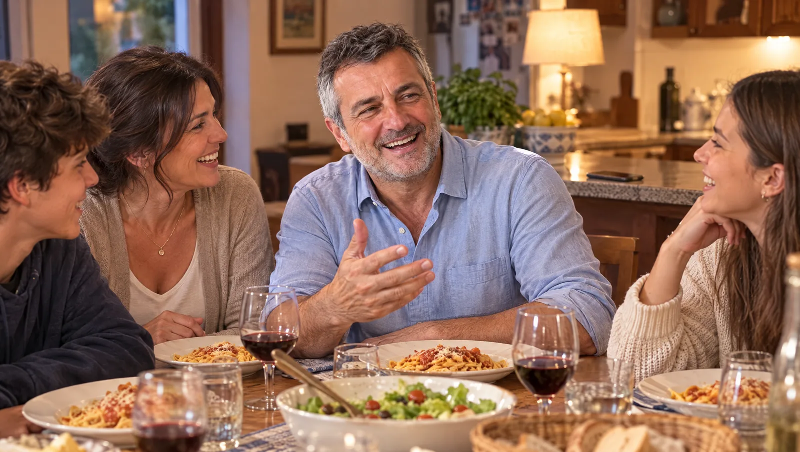Il titolare ride a cena con la moglie e i figli